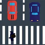 En tecknad bild av en fågel som går över ett övergångsställe med bilar och en buss på vägen