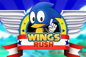 Tecknad blå fågel med vingar och en röd-vit banderoll med texten Wings Rush
