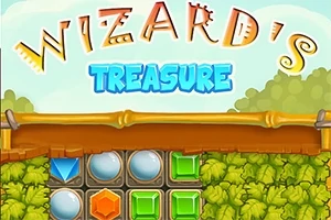 Tecknad bild med titeln Wizards Treasure och färgglada juvelformade ikoner på en grönskande bakgrund