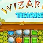 Tecknad bild med titeln Wizards Treasure och färgglada juvelformade ikoner på en grönskande bakgrund