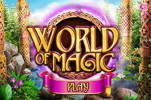 En färgglad och fantasifull illustration med texten World of Magic i stora bokstäver omgiven av lummig vegetation och dekorativa pelare