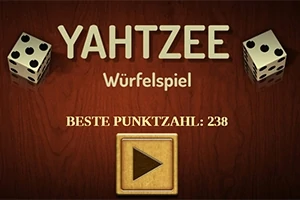 Texten YAHTZEE Würfelspiel med två tärningar och knappen för att starta spelet på en träbakgrund