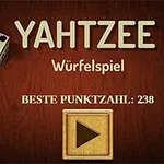 Texten YAHTZEE Würfelspiel med två tärningar och knappen för att starta spelet på en träbakgrund