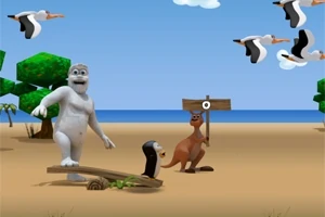 En tecknad vit figur står på en strand med en pingvin och en känguru, med fåglar som flyger i himlen och en skylt i bakgrunden