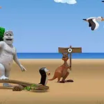 En tecknad vit figur står på en strand med en pingvin och en känguru, med fåglar som flyger i himlen och en skylt i bakgrunden