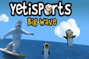 Yeti surfar på en våg med två glada pingviner i luften och titeln Yetisports Big Wave i bakgrunden