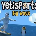Yeti surfar på en våg med två glada pingviner i luften och titeln Yetisports Big Wave i bakgrunden