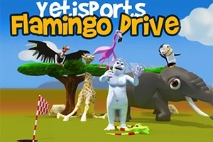 En tecknad isbjörn står med en rosa flamingo framför ett träd, omgiven av olika djur som elefant, giraff och fågel, med en färgglad himmel i bakgrunden