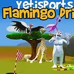 En tecknad isbjörn står med en rosa flamingo framför ett träd, omgiven av olika djur som elefant, giraff och fågel, med en färgglad himmel i bakgrunden