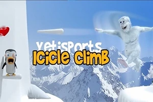 Pingvin och en vit snövarelse framför snötäckta berg och isformationer med texten Icicle Climb