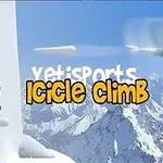 Pingvin och en vit snövarelse framför snötäckta berg och isformationer med texten Icicle Climb