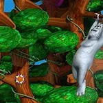 En grå gorilla som svingar sig i lianer i en lummig skog med täta gröna lövverk