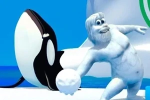 En vit, hårig figur med skägg håller en snöboll bredvid en leende späckhuggare på en isliknande yta