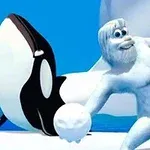 En vit, hårig figur med skägg håller en snöboll bredvid en leende späckhuggare på en isliknande yta