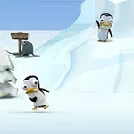Tecknade pingviner och en snöman på ett isigt landskap
