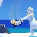 En animerad snövarelse svingar en pingvin i ett vinterlandskap med en säl i bakgrunden