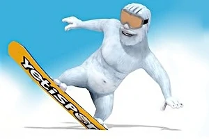 En animerad yeti åker snowboard med ett gult bräde och bär skidglasögon mot en blå himmel
