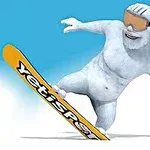 En animerad yeti åker snowboard med ett gult bräde och bär skidglasögon mot en blå himmel