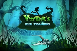 Silhuett av en löpande figur med lasersvärd, omgiven av ett träsklandskap, över en X-wing i vattnet med texten Yodas Jedi Training