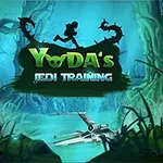 Silhuett av en löpande figur med lasersvärd, omgiven av ett träsklandskap, över en X-wing i vattnet med texten Yodas Jedi Training