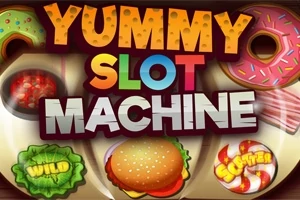 Texten Yummy Slot Machine är omgiven av bilder på munkar, hamburgare och symboler som Wild och Scatter