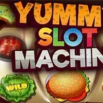 Texten Yummy Slot Machine är omgiven av bilder på munkar, hamburgare och symboler som Wild och Scatter