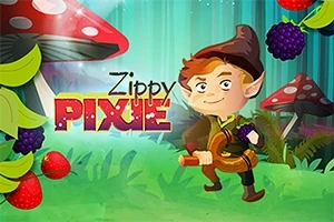 En tecknad älva med spetsiga öron står i en skog med färgglada svampar och bär, omgiven av texten Zippy Pixie