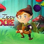 En tecknad älva med spetsiga öron står i en skog med färgglada svampar och bär, omgiven av texten Zippy Pixie