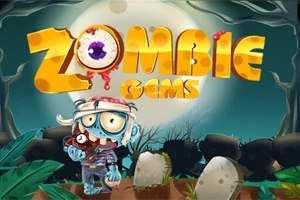 En tecknad zombiefigur står framför en stor fullmåne i en gravgård med titeln Zombie Gems i färgglada bokstäver ovanför
