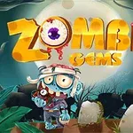 En tecknad zombiefigur står framför en stor fullmåne i en gravgård med titeln Zombie Gems i färgglada bokstäver ovanför