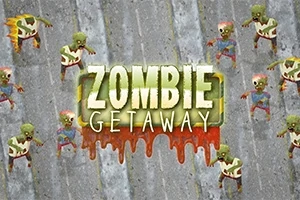 Titel Zombie Getaway i mitten omgiven av tecknade gröna zombies på en grå bakgrund
