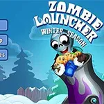 En tecknad scen med en glad zombiefigur i en kanon omgiven av snötäckta träd och moln, med tre blå knappar till vänster för att spela, visa kartan och fler spel