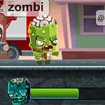 Tecknad zombie med synlig hjärna går på en trottoar med en grön hälsomätare under sig, omgiven av tecknade karaktärer i en stadsbild