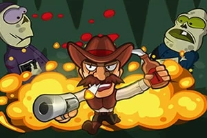 Tecknad cowboy med mustasch skjuter med en pistol och håller en flaska, omgiven av explosioner, mot två zombieliknande figurer