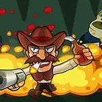 Tecknad cowboy med mustasch skjuter med en pistol och håller en flaska, omgiven av explosioner, mot två zombieliknande figurer