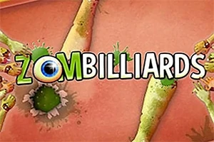 Titeln Zombilliards med stiliserat text och ritade zombiearmar runt om