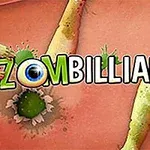 Titeln Zombilliards med stiliserat text och ritade zombiearmar runt om