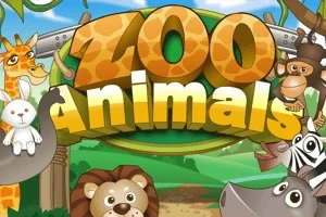 Animerade djur vid en grind som inkluderar en giraff, lejon, apa, kanin, och zebra med texten Zoo Animals i bakgrunden