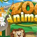 Animerade djur vid en grind som inkluderar en giraff, lejon, apa, kanin, och zebra med texten Zoo Animals i bakgrunden