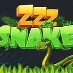 Texten ZZZ SNAKE i färgglada bokstäver med en tecknad orm och gröna löv i en djungelmiljö